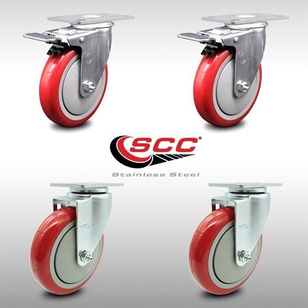 Service Caster 5 Inch SS Red Polyurethane Top Plate Caster Total Lock Brakes SCC, 2PK SCC-SSTTL20S514-PPUB-RED-2-S-2